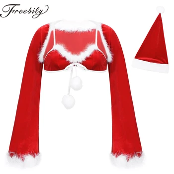 Kadınlar Noel Seksi Cosplay Bayan Santa Elf Kostüm Pazen Backless Uzun Kollu Bolero Tüy Trim Sutyen Noel Şapka