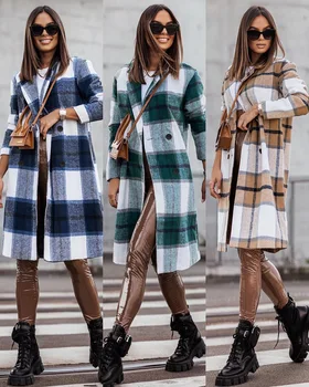 Kadınlar uzun sonbahar kış ceket moda rahat yeni orta uzunlukta ekose yün baskılı ceket düğmesi
