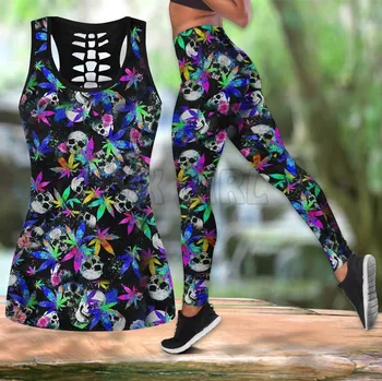 Kafatası Trippie Batik 3D Baskılı Tank Top + Legging Combo Kıyafet Yoga Spor Legging Kadınlar