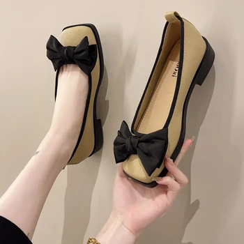 Kalın Topuk Loafer'lar kadın İlkbahar ve Sonbahar Yeni Yay Kare Ayak Tek Ayakkabı Sığ Ağız Küçük deri ayakkabı kadın ayakkabısı