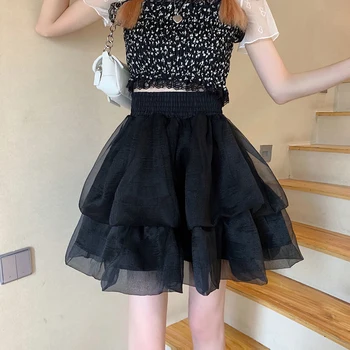 Kawaii Tül Etek Tutu Kadın Yaz 2022 Kore Moda Fairycore Yüksek Bel Siyah A-line Mini Etekler Kızlar için Rahat