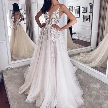 Kayış Derin V Boyun düğün elbisesi 2022 Gelin Dantel Aplikler Tül Plise Muhteşem gelinlikler Kadınlar İçin