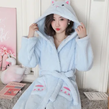 Kesim Kapşonlu Kimono Robe Elbise Gecelik Kadın Kalın Pazen Bornoz Gevşek Uzun Kollu Pijama Kış Sıcak Samimi İç Çamaşırı