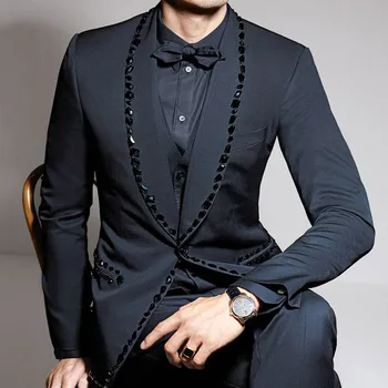 Klasik Siyah Boncuklu Balo Erkek Takım Elbise Düğün için Slim Fit Damat Smokin Şal Yaka Erkek Moda Ceket Yelek Pantolon