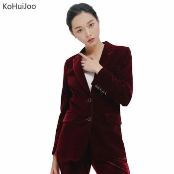 KoHuiJoo Yeşil Siyah Şarap Kırmızı Kadife Blazer Kadın Bahar Tek Göğüslü Düğme Kadife Ceket Artı Boyutu Zarif Bayan Takım Elbise Ceketler
