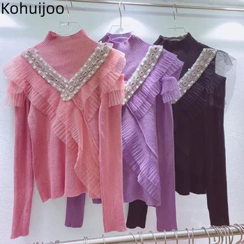 Kohuijoo Tasarım Ağır Boncuk Kazak Kadınlar Mesh Patchwork Kapalı Omuz Yarım Yüksek Yaka Moda Kazak Örgü Gömlek Tops