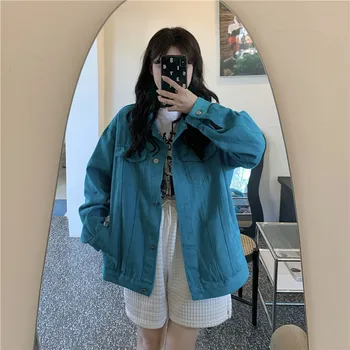 Kore Gevşek Mavi Denim Ceket Streetwear Casual Moda Yaka Uzun Kollu Kadın Kot Ceket Ceket Chaqueta Mujer Bahar Yeni