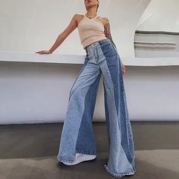 Kore Tasarım Duygusu 2021 Yaz Yeni Stil Kontrast Dikiş Kişilik Düzensiz Yüksek Bel Kot Trendi Pantalones De Mujer