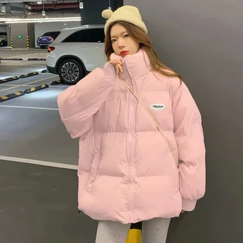 Kore Tatlı Standı Yaka Fermuar Pamuk dolgulu Pembe Ceket Kadın Sonbahar Kış Kalın Sıcak Cep Tiki Tarzı Pamuk kapitone ceket