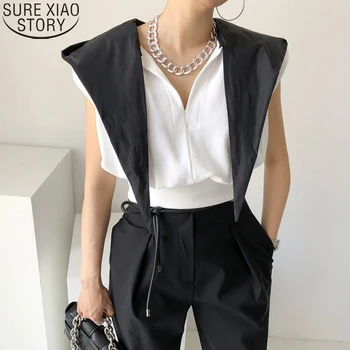 Kore Şık Kapşonlu Bluzlar Moda V Yaka Katı Bluz Kadınlar Yaz Gömlek Vintage Streetwear Blusas Mujer 2022 Bayan Üstleri 14781