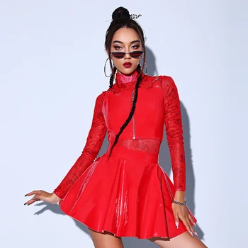 Kpop Caz dans kostümü Kadınlar İçin Kırmızı Dantel Bodysuit Deri Yelek Etek Kore Şarkıcı Kıyafet Kutup Dans Giyim Dj Giyim BL9360
