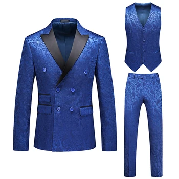 Kraliyet Mavi Kruvaze 3 Adet Blazer Pantolon Yelek Doruğa Yaka Düğün Erkek Takım Elbise Çift Havalandırma Büyük Büyük Boy Damatlar Parti Elbise