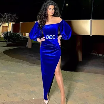 Kraliyet Mavi Mermaid Kadife Akşam Elbise 2022 Kapalı Omuz Uzun Kollu Arapça Balo Abiye Dubai Örgün Parti Elbise