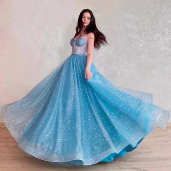 Köpüklü Bir Çizgi Balo Elbise 2022 Sevgiliye Backless Sweep Tren Mavi Zarif Uzun Akşam Parti Kıyafeti Kızlar Tatlı 16 Doğum Günü