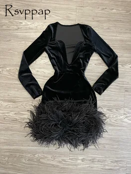 Küçük Siyah Elbise Kısa balo kıyafetleri 2023 Gerçek Resim Uzun Kollu Tüyler Afrika Kız Parti Doğum Günü Kokteyl Elbiseleri