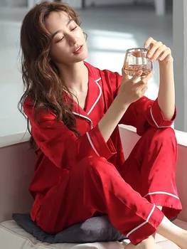 Kırmızı Saten Pijama Seti Kadın Kıyafeti 2022 Buz İpek Pijama Ev Giysileri Pijama Mujer Uzun Kollu PJ Pijama Saten Femme