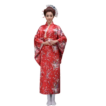 Kırmızı Vintage Parti Elbise Kadınlar Seksi Saten Kimono Yukata Obi Ile Performans Dans Elbise Japon Cosplay Kostüm Bir Boyut 021502