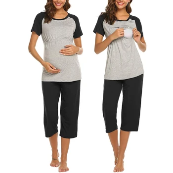 Kısa Kollu Hemşirelik Pijama Set hamile kıyafetleri Emzirme Emek Teslimat Elbisesi Gebelik Pijama Analık T-shirt Pantolon