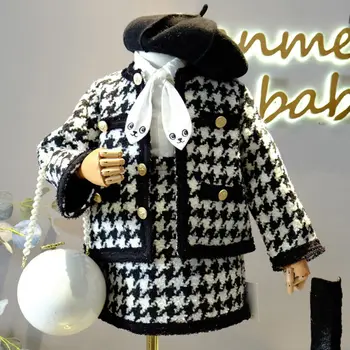 Kızlar Etek Setleri Fransız Sonbahar Kış Ekose Kore Tasarımcı Bebek Kız Elbise Örgü Hırka Kazak + Kısa Etek 2 adet Çocuklar Kıyafetler