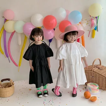 Kızlar yaz retro düz renk kısa kollu prenses elbiseler bebek kız pamuk kore tarzı uzun elbise
