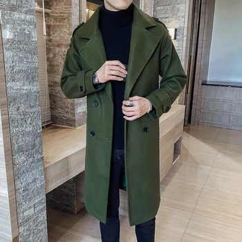 Kış Ceket Klasik Moda Siyah Karamel Ordu Yeşil Uzun Siper Slim Fit Palto Erkek Mont