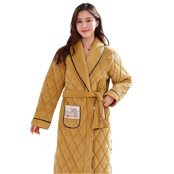 Kış Uzun Banyo gece elbisesi Kalın Mercan Polar Kapitone Kadın Elbise Kimono Bornoz Gecelik Sıcak Uzun Kollu Pijama M-XXXL