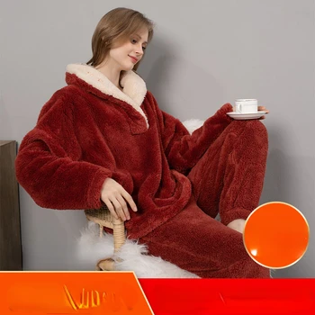 Kış kadın Flanel Pijama Takım Sıcak Kalınlaşma Boy Kore Moda Uyku Üst Gevşek Peluş için Sıcaklık