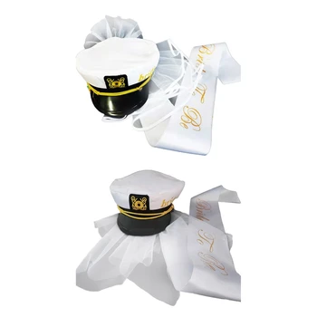 L5YA Yaratıcı Gelin Kaptan Şapka ve Peçe Omuz Askısı Donanma Tarzı Düğün için Malzemeleri