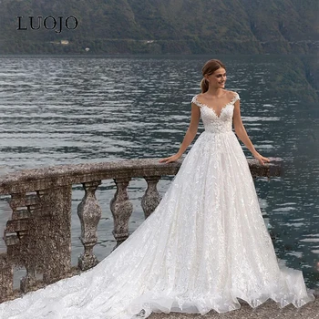 LUOJO Vestidos De Novia düğün elbisesi A-line Düğmeler O-Boyun Dantel Aplikler Kadınlar İçin Çay boyu 2022 gelinlikler Custom Made