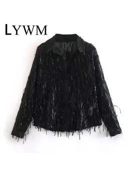 LYWM Kadın Moda Katı Bluz Sequins Vintage Tek Göğüslü Uzun Kollu Yaka Boyun Kadın Şık Bayan Gömlek