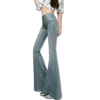 Lady Marka Ince Geniş Bacak Denim Flare Pantolon Yüksek Bel Tek Göğüslü Kadın Boot Cut Jeans Sonbahar Kış Giyim