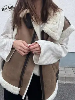 Lambswool Deri Kadın Kolsuz Yelek Ceket Streetwear Gevşek Kalınlaşmak Kadın Yelek Ceket 2022 Sonbahar Kış Banliyö Dış Giyim