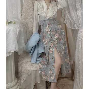 Limiguyue Boho Seksi Çiçek Etek Yaz Vintage Uzun Etek Yarık Yumuşak Şık Kadın Zarif Çiçek Baskı Şal Jupe K1189