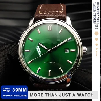 Luxe 39mm groene mode herenhorloge mechanische solid case automatische beweging heren klok lederen band