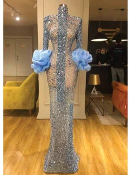 Lüks Balo Elbise Yüksek Boyun Uzun Kollu Tül Ruffles Sparkly Sequins Kristaller Örgün gece elbisesi Özel Vestidos De Gala