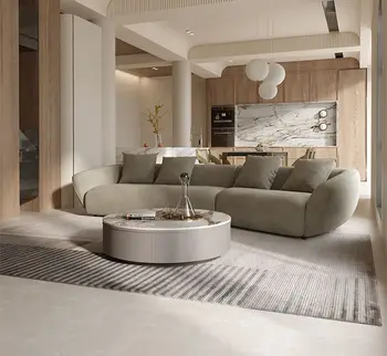 Lüks ve minimalist oturma odası kavisli pazen kanepe, modern minimalist özel şekilli kumaş kanepe ile birlikte