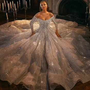 Lüks İnciler düğün elbisesi Sequins Kapalı Omuz Retro gelinlikler Uzun Kollu 2021 vestido de novia