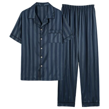 M-4XL Yaz İpek Pijama Seti Erkekler Kısa Kollu Pijama Homme Kısa Üstleri + Uzun pantolon erkek Pijama Erkek Salonu Pijama