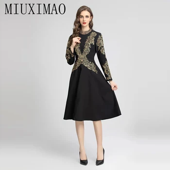 MIUXIMAO 2022 Yüksek Kalite Sonbahar ve Kış Zarif Elbise Uzun Kollu İşlemeli Altın Moda Diz Boyu Elbise Kadın Yelek