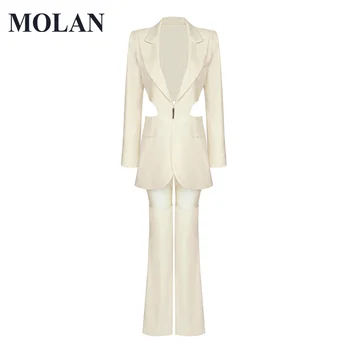MOLAN Seksi Kadın Takım Elbise Seti Blazer + Pantolon Sıcak Yüksek Sokak Yaka Yeni günlük giysi Blazer Parti Kulübü Kadın İki parçalı Setleri