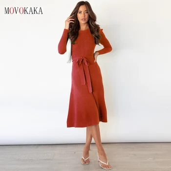 MOVOKAKA Sonbahar Kış Yeni Kazak Elbise Kadınlar Uzun Kollu Casual Slim Örme Elbise Kadın Kazaklar Zarif Orta Elbise Kadın
