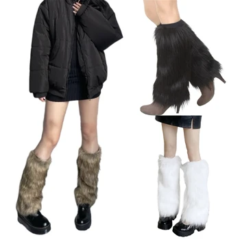MXMB Kadınlar Kış Katı Kürklü Bacak ısıtıcı Çorap Harajuku Gotik Tayt Ayakkabı Manşetleri