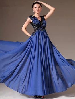 Mavi Abiye A-line V Yaka Şifon Aplikler Boncuklu Uzun Dubai Suudi Arapça gece elbisesi balo kıyafetleri