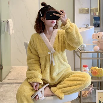 Mercan Kadife Pijama Seti Kadın Kış Kalın Pazen Tatlı Uyku bluz Kadın Sıcak Sevimli Gecelik Moda Şık hamile kıyafetleri