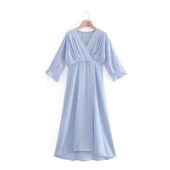 Merodi 2021 Za Bayan Casual Pileli V Yaka Uzun Kollu Mavi Uzun Elbiseler Yaz Kız Moda Yan Fermuar Yarık Şık Elbise