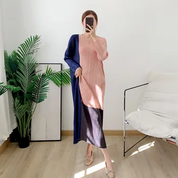 Miyake issey Miyake Pilili kadın Elbise Bahar 2023 Yeni Stil İnce Kontrast Renk Gevşek Zarif Düz Uzun Alt Elbise Yüksek Kalite