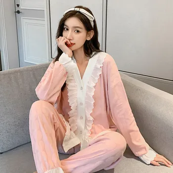 Moda Bahar Sonbahar Yeni Pamuk Katı Iki Parçalı Takım Elbise Kadın Uzun Kollu Rahat Loungewear Gevşek Nightclothes Pijama Set