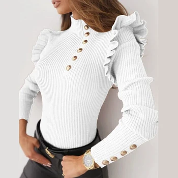 Moda Balıkçı Yaka Uzun Kollu Siyah Beyaz T Shirt Kadın Sonbahar Kış Düğmeler Ruffles Üst T-shirt Kadın Tshirt