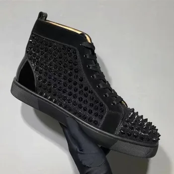 Moda Lüks Yüksek Üst siyah ayakkabı Erkekler İçin Kırmızı Alt Perçinler Düz Loafer'lar Kadın Rahat Sürüş Çift Parti Sneakers Boyutu 35-48