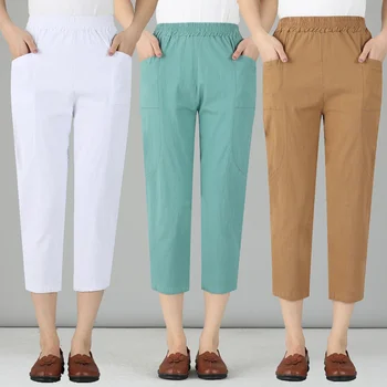 Moda Pamuk Keten harem pantolon Kadın Yaz Rahat Gevşek Düz Renk harem pantolon Yüksek Bel Elastik Kadın Ayak Bileği uzunlukta Pantolon